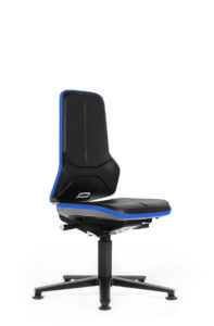 Bimos Neon Series Black Vinyl Upholstery with blue flex strip black aluminum base ergonomic chair available through PVI Products