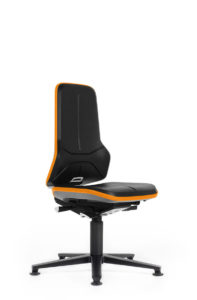 Bimos Neon Series Black Vinyl Upholstery with orange flex strip black aluminum base ergonomic chair available through PVI Products